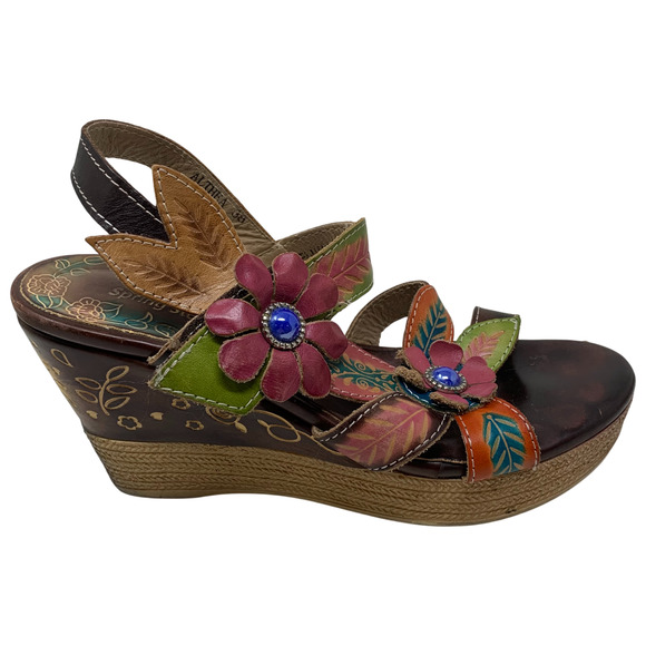 L'Artiste Spring Step Althea Leather Floral Wedge Heel Sandals Sz 38 US 7.5/8 - Picture 3 of 13